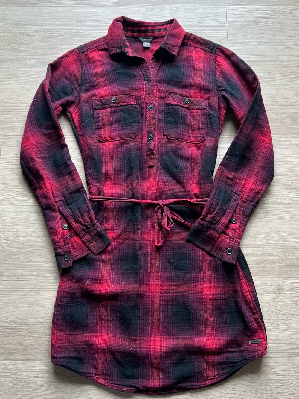 Eddie Bauer Red Plaid Tie-Waist Shirt Dress